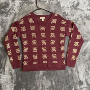Women’s Owl All Over Print Sweater Red And Gold Medium Love By Design
